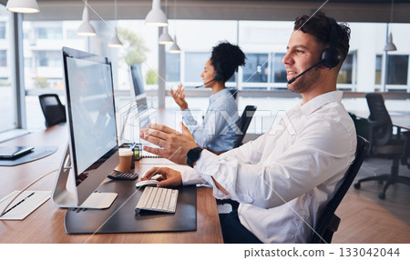 Call center, team and man in office for crm, customer service and telemarketing sales. Online support, help and male consulting for faq, contact us and friendly advice with agent in coworking space 133042044