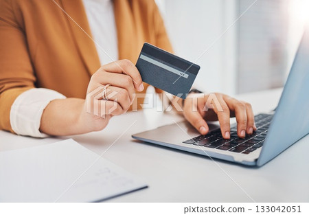 Hands, laptop and office with credit card for black woman, e-commerce and shopping on web with cybersecurity. Corporate executive, computer and ecommerce for sale, discount and fintech at workplace 133042051