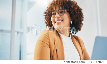 Black woman at office, glasses on face with happy smile and thinking of future of corporate in South Africa. Young African person with spectacles at work, confident in career and professional job Black woman at office, glasses on face with happy smile and thinking of future of corporate in South Africa. Young African person with spectacles at work, confident in career and professional job 133042078