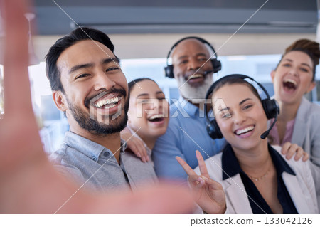 Consultant, happy or call center people with selfie smile in telemarketing company or agency. CRM support team, portrait or funny customer services employees laughing or bonding together in office Consultant, happy or call center people with selfie smile in telemarketing company or agency. CRM support team, portrait or funny customer services employees laughing or bonding together in office 133042126