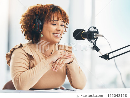 Black woman, microphone and podcast or radio presenter talking for broadcast, live streaming or speech. Happy African American female influencer, host or speaker with mic and smile for talk show Black woman, microphone and podcast or radio presenter talking for broadcast, live streaming or speech. Happy African American female influencer, host or speaker with mic and smile for talk show 133042138