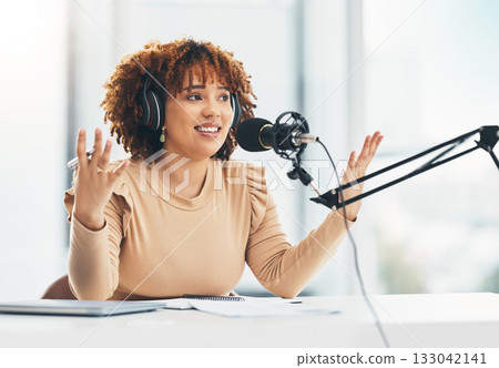 Radio show, podcast and black woman with microphone, talking and live streaming for advice. African American female presenter, lady or influencer with headphones, discussion or broadcast in workplace Radio show, podcast and black woman with microphone, talking and live streaming for advice. African American female presenter, lady or influencer with headphones, discussion or broadcast in workplace 133042141