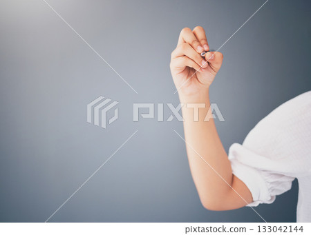Business mockup, writing and hand with pen on wall background for notes, brainstorming and planning. Copy space, advertising and arm of woman with pencil for product placement, branding and ideas 133042144