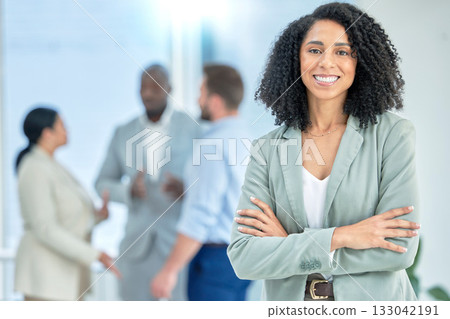 Black woman, business and leadership in meeting with smile in portrait, team leader and success with professional mindset. Corporate female, happy at job and arms crossed, manager in Atlanta office 133042191