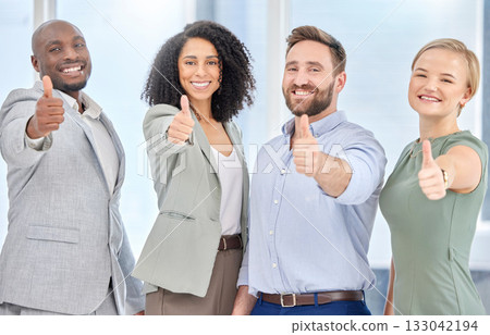 Thumbs up, business people portrait and thank you hand gesture with diversity and solidarity. Winner, teamwork and happy collaboration of corporate management group with a smile from success 133042194