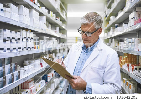 Pharmacy, medicine and checklist with man writing in drug store for notes, inspection and inventory. Medical, healthcare and pills with male pharmacist in clinic for mature expert or wellness product 133042202