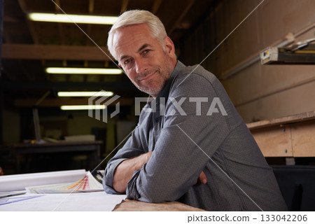 Mature man, architect in workshop with confidence in portrait, professional designer and blueprint. Architecture design, floor plan paperwork and engineering with designing and creative male engineer Mature man, architect in workshop with confidence in portrait, professional designer and blueprint. Architecture design, floor plan paperwork and engineering with designing and creative male engineer 133042206