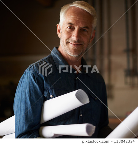 Senior architect, blueprint and man with smile in portrait, renovation or remodeling project with floor plan. Architecture industry, engineer and male professional designer with vision and mission 133042354