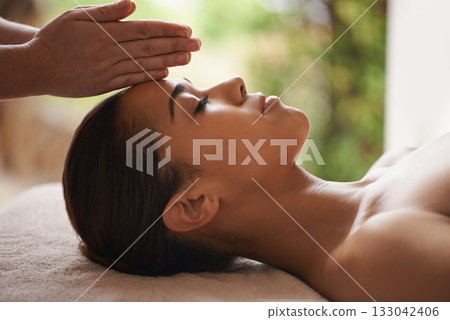 Girl, hands or head massage in spa hotel for zen resting, sleeping wellness or relaxing physical therapy. Calm, eyes closed or woman in beauty salon to exfoliate for facial healing treatment or detox 133042406