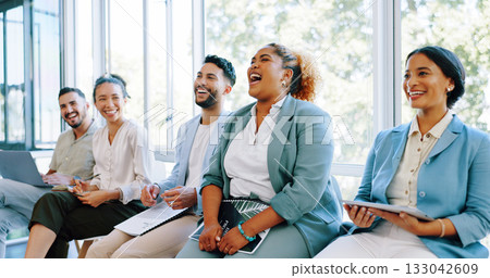 Business people, meeting and laughing for funny joke, team building or collaboration at office seminar. Group of happy employees smile for fun presentation, workshop or social at friendly workplace 133042609