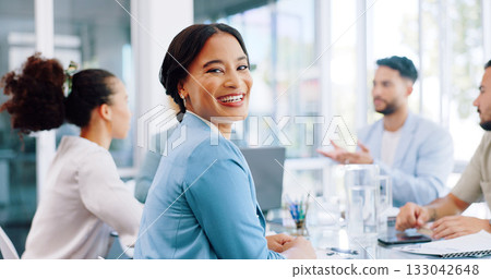 Internship, manager and portrait of happy woman in training, meeting and workshop in boardroom for learning in office. Face, smile or working in company with team, mentor and coaching in business 133042648