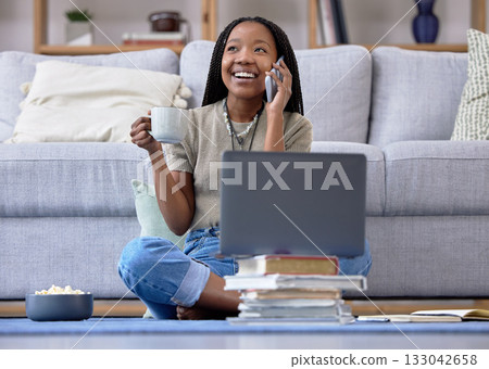 Coffee, student and phone call for girl studying on laptop, happy and relax while talking in her home. Tea, books and distance learning, remote or homeschool for teenage female with online homework Coffee, student and phone call for girl studying on laptop, happy and relax while talking in her home. Tea, books and distance learning, remote or homeschool for teenage female with online homework 133042658