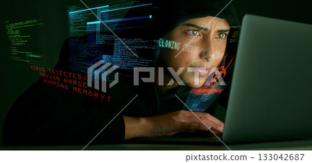 Indian woman, hacker and code overlay of banking and credit card fraud with coding graphic. Programmer, criminal and finance software hack with a hacking expert writing algorithm for cybercrime virus 133042687