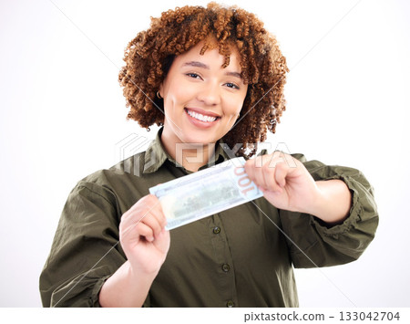 Money, African portrait and happy woman winning lotto, competition prize or cash dollar award. Finance bonus, payment and studio winner of poker, bingo or casino gambling isolated on white background Money, African portrait and happy woman winning lotto, competition prize or cash dollar award. Finance bonus, payment and studio winner of poker, bingo or casino gambling isolated on white background 133042704