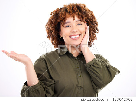 Black woman, studio portrait and palm with smile, product placement mockup and beauty by white background. Isolated african model, hand and fashion with happiness, afro and cosmetic beauty on face 133042705