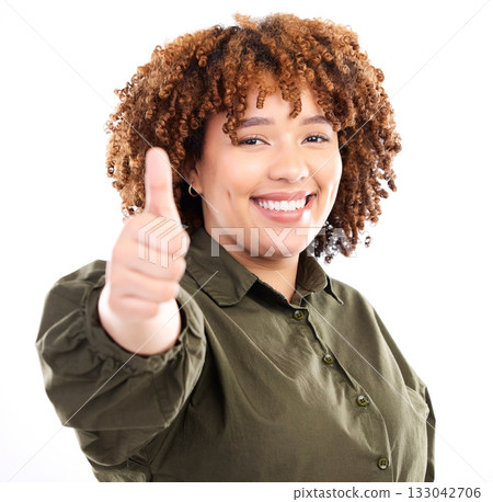 Thumbs up, black woman and portrait of a young model in isolated white background in studio.Thank you, yes and like emoji hand sign of a female showing okay, agreement and approval hands gesture Thumbs up, black woman and portrait of a young model in isolated white background in studio.Thank you, yes and like emoji hand sign of a female showing okay, agreement and approval hands gesture 133042706