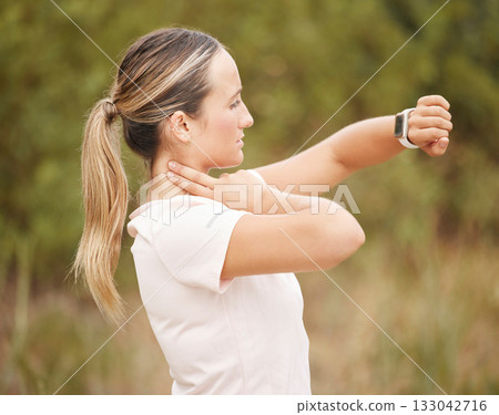 Runner, smartwatch and woman with neck pulse for wellness monitoring, heart rate or progress in nature. Fitness, tracker and girl checking beat after workout, exercise or cardio routine in a park Runner, smartwatch and woman with neck pulse for wellness monitoring, heart rate or progress in nature. Fitness, tracker and girl checking beat after workout, exercise or cardio routine in a park 133042716