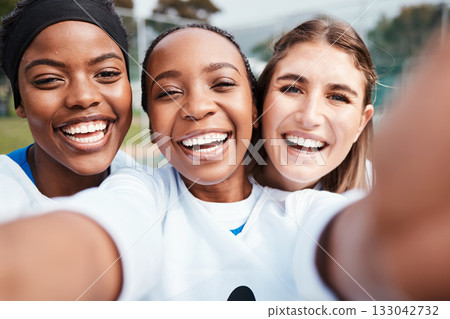 Black woman, friends and portrait smile for selfie, vlog or sports team in social media outdoors. Happy sporty women smiling for profile picture, photo or online post in memory for netball sport day 133042732