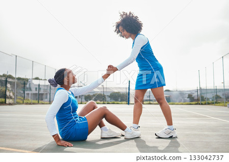 Fitness, court and black women helping player, exercise and training with teamwork outdoor. African American female athlete, lady and assist outside, practice for competition and development for game 133042737