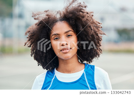 Sports, portrait and netball player on the court for an outdoor game, competition or training. Fitness, health and female athlete from Puerto Rico standing on a field after practice or a match. 133042743