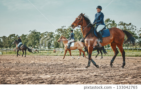 Woman, horse and race with ride, space and mockup with portrait, smile and outdoor sports in nature. Equestrian, riding and smile for sport with helmet, safety and happiness for fitness with mock up 133042765