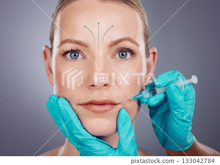 Plastic surgery, beauty and portrait of woman with injection for lip filler, cosmetics and lines in studio. Skincare, dermatology and girl with needle for anti aging, face lift and facial treatment Plastic surgery, beauty and portrait of woman with injection for lip filler, cosmetics and lines in studio. Skincare, dermatology and girl with needle for anti aging, face lift and facial treatment 133042784