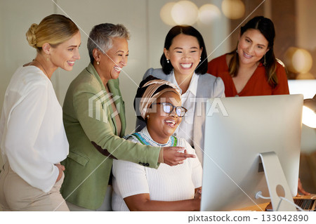 Computer, management and a business woman with her team, working in the office while laughing or joking. Collaboration, diversity or coaching with a senior female manager training staff at work Computer, management and a business woman with her team, working in the office while laughing or joking. Collaboration, diversity or coaching with a senior female manager training staff at work 133042890