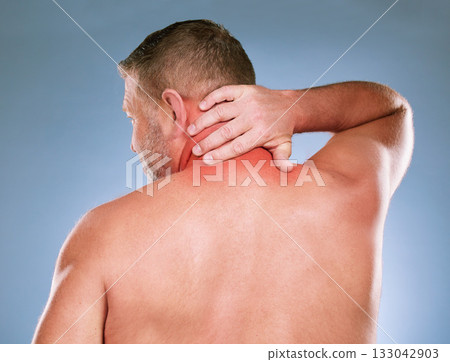 Back, senior man and neck pain with stress, emergency and guy against blue studio background. Mature male, gentleman and injury with muscle strain, tension and burnout with first aid and suffering Back, senior man and neck pain with stress, emergency and guy against blue studio background. Mature male, gentleman and injury with muscle strain, tension and burnout with first aid and suffering 133042903