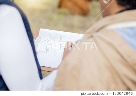Chart, farmer or veterinarian writing checklist to monitor land or nature wellness or agriculture on field. Blurry, paperwork on clipboard or healthcare people working on barn with data analysis info Chart, farmer or veterinarian writing checklist to monitor land or nature wellness or agriculture on field. Blurry, paperwork on clipboard or healthcare people working on barn with data analysis info 133042946