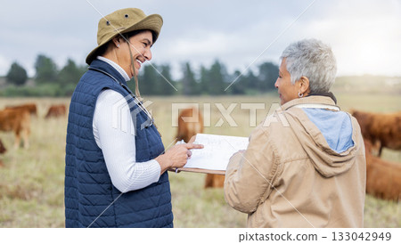 Cow, farmer or veterinarian writing checklist to monitor animals, livestock wellness or field agriculture. Cattle, senior or happy people working to protect cows healthcare for growth sustainability Cow, farmer or veterinarian writing checklist to monitor animals, livestock wellness or field agriculture. Cattle, senior or happy people working to protect cows healthcare for growth sustainability 133042949
