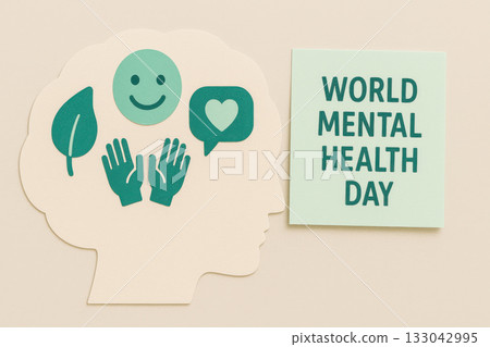 World Mental Health Day awareness concept. calm paper cut brain silhouette with sticky note and modern flat icon for positive mental health, wellness, and support 133042995