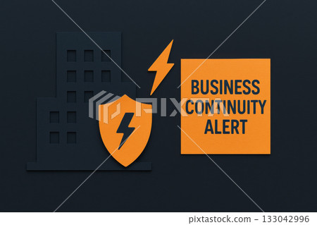 Urgent business continuity alert composition with building silhouette, shield, and lightning icon. An emergency management graphic expressing awareness for risk and protection 133042996