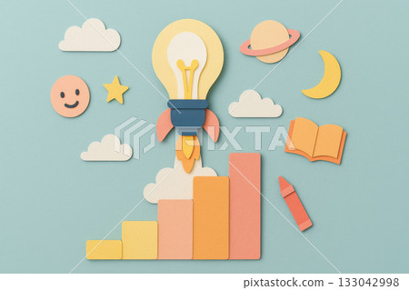 Paper cut creative rocket bulb launching from staircase chart. This playful concept shows kid educational growth and limitless imagination for creative success 133042998