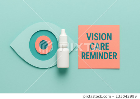 Caring vision care reminder with paper cut eye shape, eye drop bottle and sticky note. This optical health awareness composition on turquoise background has clean minimal design 133042999