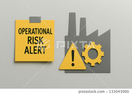 Industrial factory silhouette with gear and critical operational risk alert warning sign. serious business concept for managing continuity and recovery from disruption 133043000
