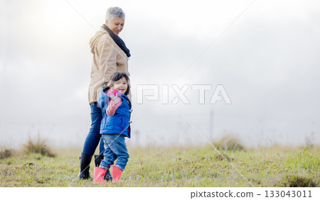 Farmer, kid and parent with child on a farm with mockup and teaching future generation about organic farming or sustainability. Portrait, waving and mother with little girl learning ecology Farmer, kid and parent with child on a farm with mockup and teaching future generation about organic farming or sustainability. Portrait, waving and mother with little girl learning ecology 133043011