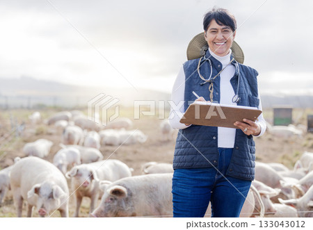 Portrait, pig or veterinarian writing on farm with animals, livestock wellness or agriculture checklist. Smile, face or senior happy woman working to protect pigs healthcare for barn sustainability Portrait, pig or veterinarian writing on farm with animals, livestock wellness or agriculture checklist. Smile, face or senior happy woman working to protect pigs healthcare for barn sustainability 133043012