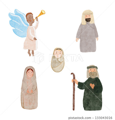Mary, Joseph, baby Jesus, shepherd, and angel with trumpet. Watercolor nativity characters set isolated on white. Hand-painted clip art perfect for Christmas cards, decor, posters or religious art Mary, Joseph, baby Jesus, shepherd, and angel with trumpet. Watercolor nativity characters set isolated on white. Hand-painted clip art perfect for Christmas cards, decor, posters or religious art 133043016