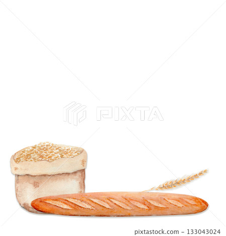 Bread loaf, wheat grain sack, and ear of wheat, Watercolor illustration hand-painted and isolated on white. Perfect for bakery branding, food packaging, kitchen prints, farm design projects. Baguette 133043024