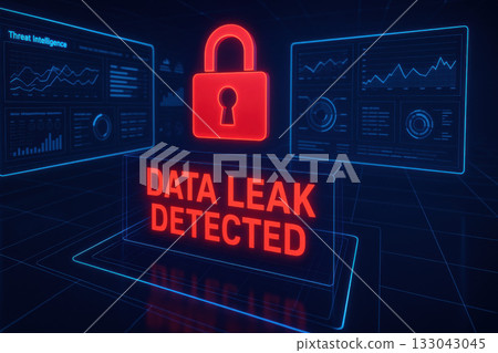 Urgent cybersecurity alert with red lock symbol showing data leak detection. holographic threat intelligence dashboard in blue neon environment signifies critical security breach 133043045