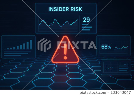 Tense insider risk monitoring dashboard showing glowing red warning symbol. Futuristic interface displays cyber analytics over dark enterprise SOC atmosphere with neon light 133043047