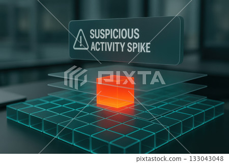 Tense security alert for suspicious activity spike. digital system showing an insider threat on glowing grid, highlighting danger with critical notification for data protection 133043048