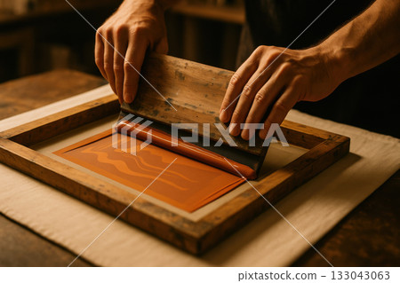 Artisan hands screen printing with smooth ink pull on fabric frame. close up of creative, handcrafted textile design process in workshop with focused atmosphere Artisan hands screen printing with smooth ink pull on fabric frame. close up of creative, handcrafted textile design process in workshop with focused atmosphere 133043063