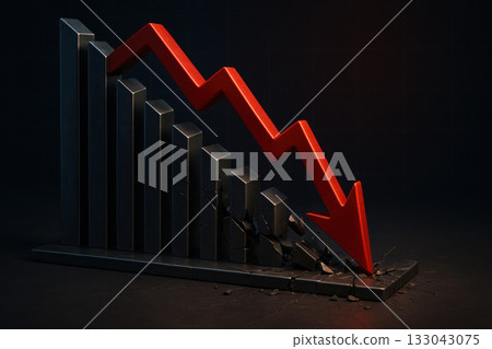 Breaking financial graph with red arrow plunging downward. concept of economic turmoil and crisis. Global stock meltdown visualization with metallic chart and moody lighting Breaking financial graph with red arrow plunging downward. concept of economic turmoil and crisis. Global stock meltdown visualization with metallic chart and moody lighting 133043075