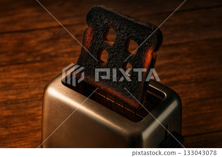 Burned black toast slice popping from metallic toaster. disappointing cooking failure and kitchen mishap concept on wooden surface after breakfast mistake 133043078