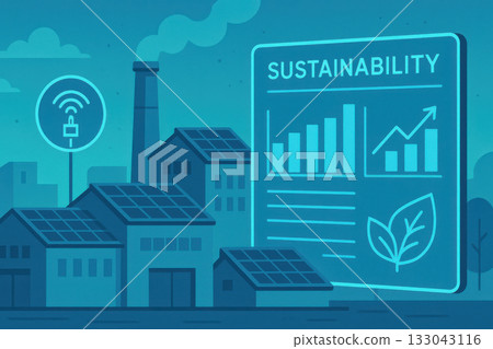 Hopeful modern corporate factory scene with sustainability management interface showing positive ESG data. Solar panel roofs and emission sensor represent eco friendly technology Hopeful modern corporate factory scene with sustainability management interface showing positive ESG data. Solar panel roofs and emission sensor represent eco friendly technology 133043116