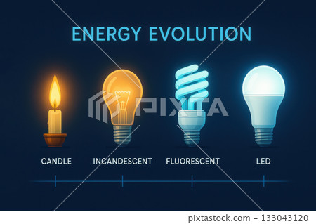 Energy evolution timeline showing progress. candle, incandescent bulb, fluorescent and LED lamp in row demonstrate lighting technology advancement and bright innovation 133043120