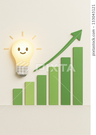 Bright idea for business growth and success shown with smiling light bulb. This green chart represents concept for sustainability and innovation for positive future Bright idea for business growth and success shown with smiling light bulb. This green chart represents concept for sustainability and innovation for positive future 133043121