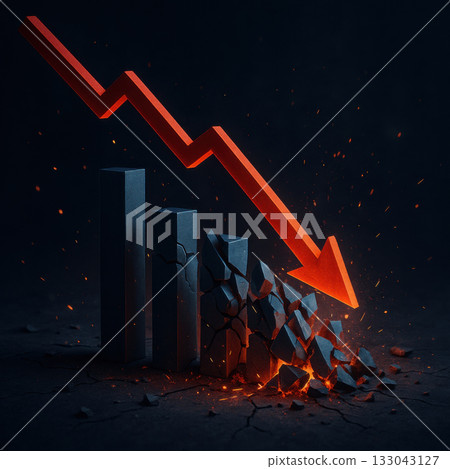 Dramatic financial and economic crash concept. glowing red arrow shows steep decline over shattered bar chart, symbolizing business failure and market crisis on dark background Dramatic financial and economic crash concept. glowing red arrow shows steep decline over shattered bar chart, symbolizing business failure and market crisis on dark background 133043127