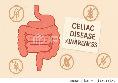 Celiac disease awareness educational poster showing flat lay digestive system cutout. Gluten free icons surround intestine illustration for health and medical concept 133043129